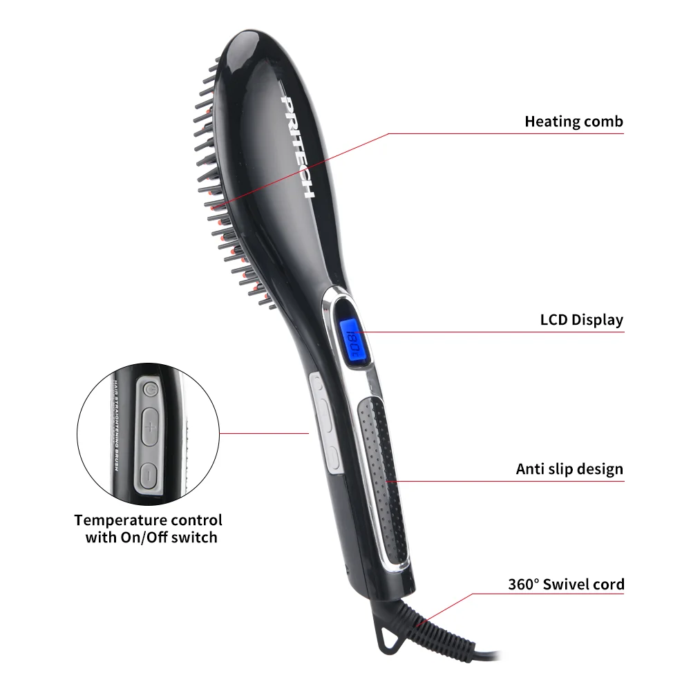 PRITECH Professional LED Display Electric Fast Heating Hair Straightener Brush