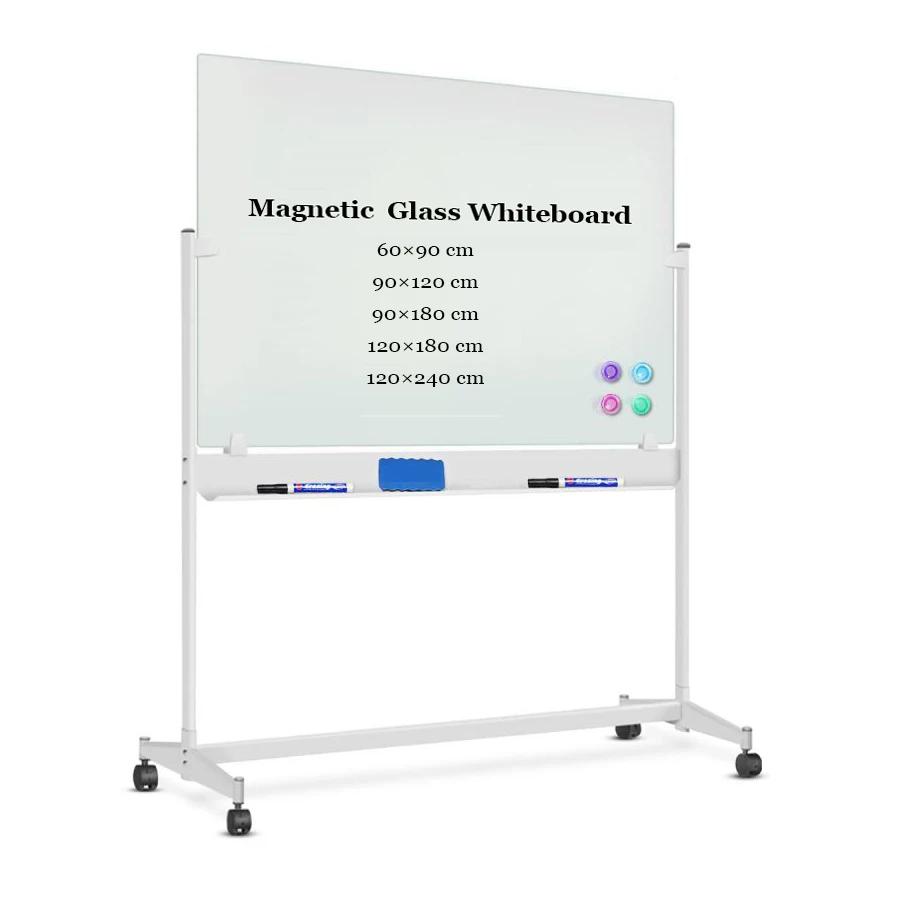 Mobile Glass Dry Erase Board Movable Large Tempered Glass White Board Magnetic Whiteboard With Rolling Stand