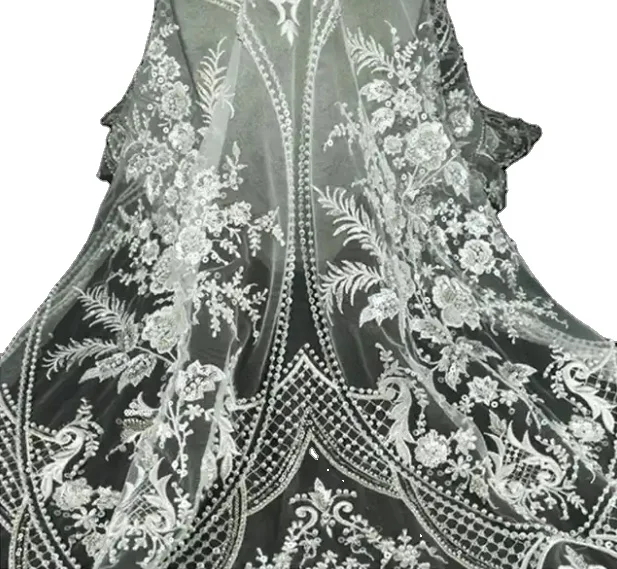 Elegant design ivory soft tulle embroidery beads lace fabric sequin for wedding dress Party dress silver glitter