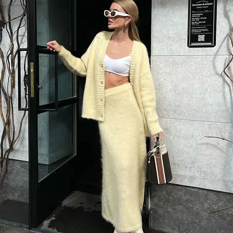 Autumn Fashion Solid Color Knitted Skirt 2 Piece Suit Single Breasted V Neck Cardigan High Waist Skirt Mohair Sweater Women