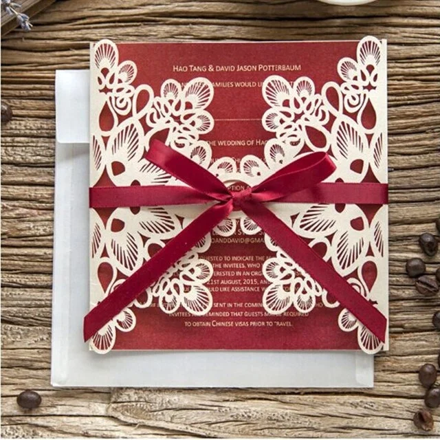 Customized wine red theme hollow paper cutting paper crafts with custom colors ribbon wedding invitations  cards