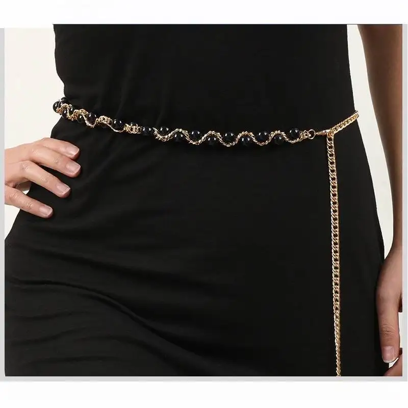 Adjustable Women Girls Pearl Beads Metal Waist Chain Belt Fashion Belly Jewelry for Ladies Dresses
