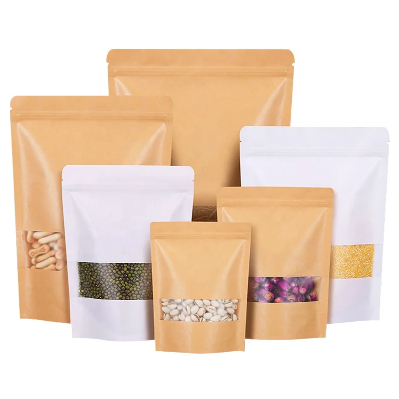 Фабрика YURUI, биоразлагаемые на заказ коричневые прозрачные оконные пакеты для упаковки пищевых продуктов с замком, крафт-бумажный пакет, термозаживление