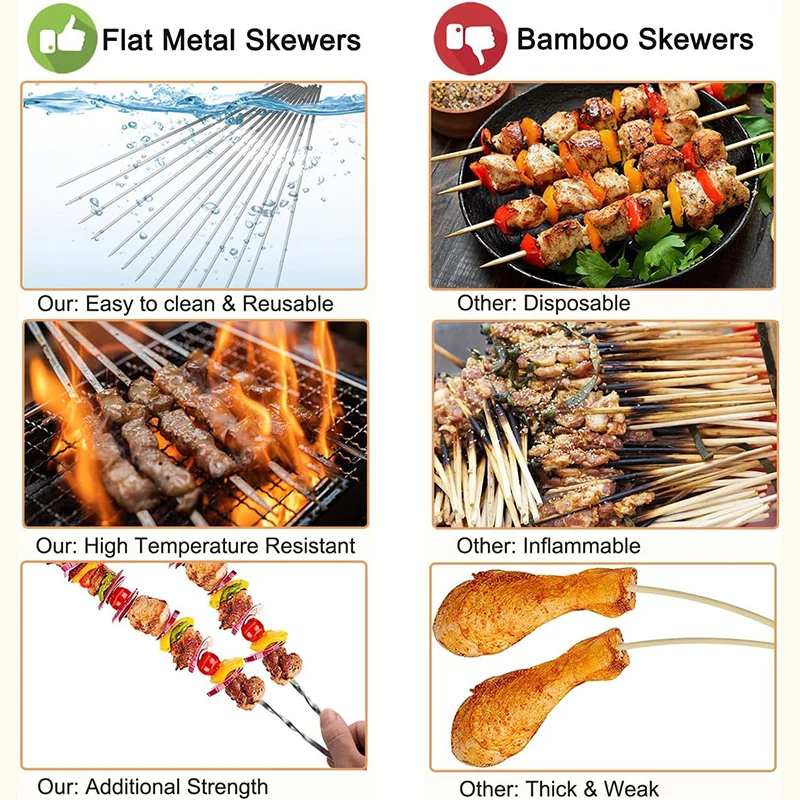 Stainless Steel Metal Flat BBQ Grill Kebab Skewers Shish Kabob Grill Skewers with Portable Metal Storage Tube