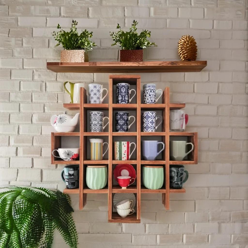 Wooden Wall Mounted Bathroom Shelves Living Room Coffee Tea Cup Holder with Carved Rack Floating Wood Mug Storage Rack