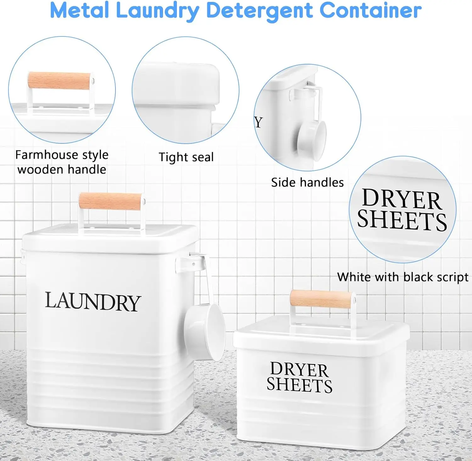 Metal Laundry Powder Container with Dryer Sheet Holder Modern Farmhouse Laundry Detergent Container