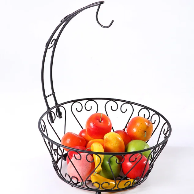 Kitchen Fruits Basket Bowl Stand Metal Basket Storage Holder Fruit Basket Bowl with Banana Tree Hanger