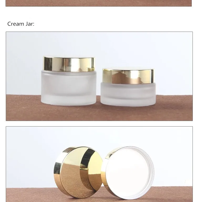 Wholesale package set 20ml to 120ml bottle 30g 50g jar glass cosmetic bottles and jars with light gold cap