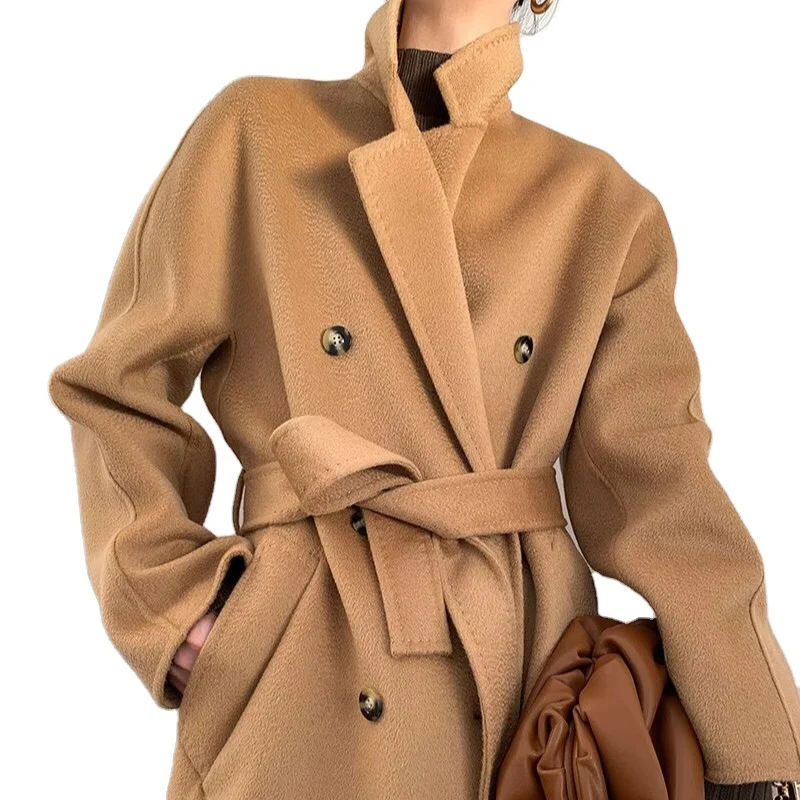 Camel pea coat wool trench high quality double breasted women ladies lightweight long coat