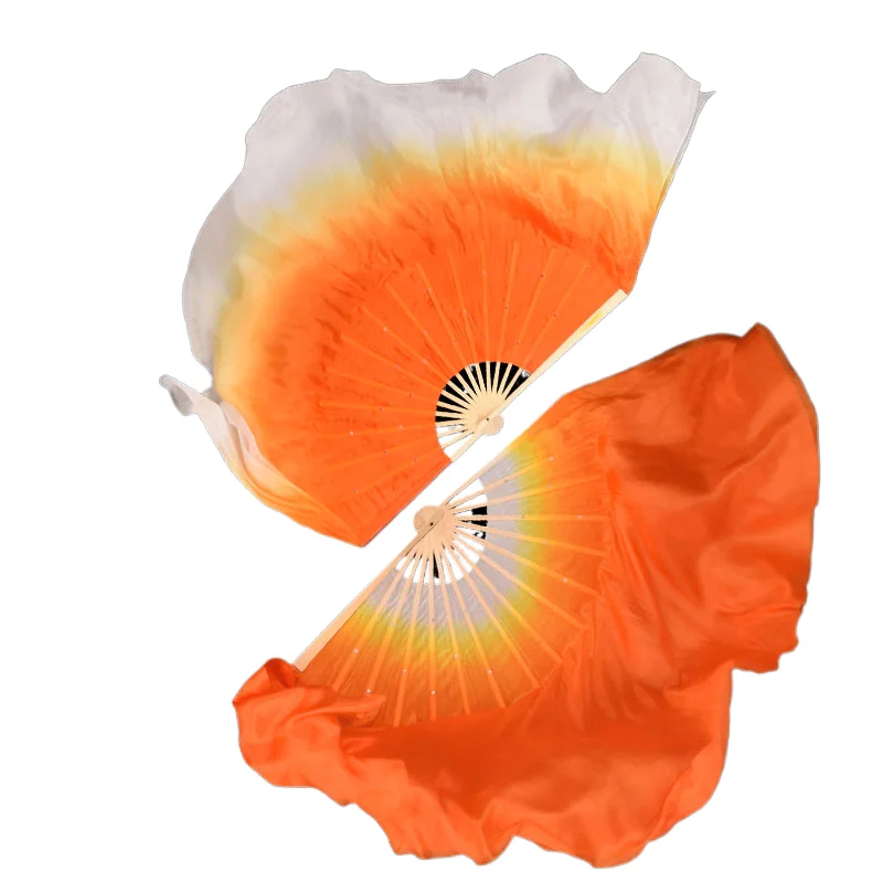 86cm(34 Inch) White Orange Gradient Silk Veils One Pair Big Size Women Classic Bellydance China Folk National Dance Circle Fan