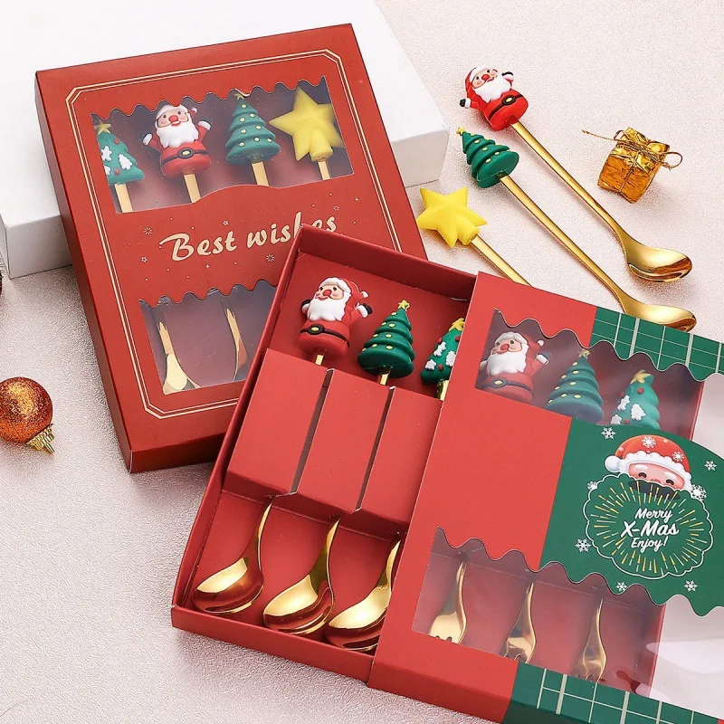 4pc 6pcs Cutlery Golden Spoon Set Christmas Coffee Spoon Gold Stainless Steel Metal Food Grade Christmas gift spoon set