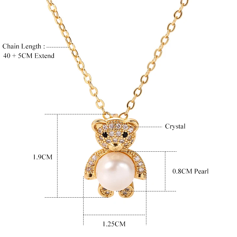 Gold Color Lovely Bear Natural Pearl Jewelry Crystal Real Brass Pendant Necklace For Women