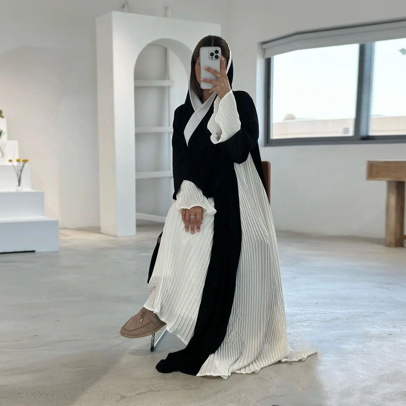 Modest Turkey Dubai Muslim Robe Pleated Open Abaya Fashion Middle East Cardigan Black Abaya Coat Morocco Afghan Clothes