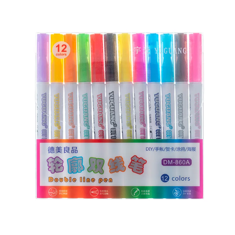 Double Line Pen,  8/12 Dream Color Outline White Handle Pens Highlight Markers Gift Cards Drawing Writing Pens