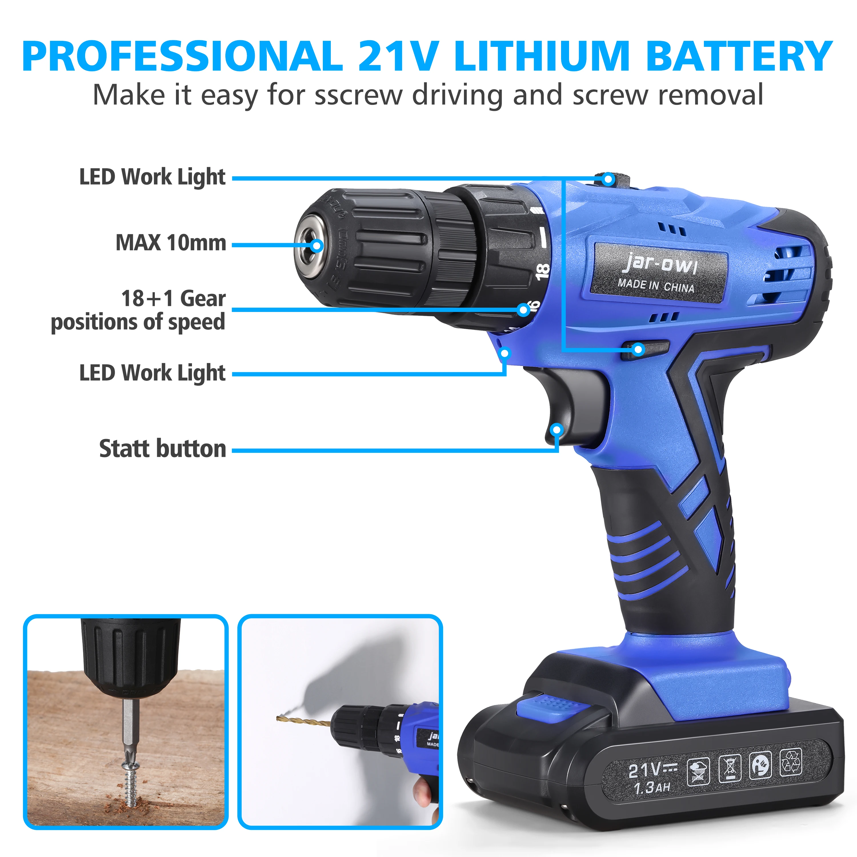  21V Lithium-ion Battery High Quality Hand Cordless Drill Set with