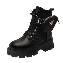 women shoes leather anti-skid zipper-up black martin boots platform black high heel shoes pocket wallet hiking boots