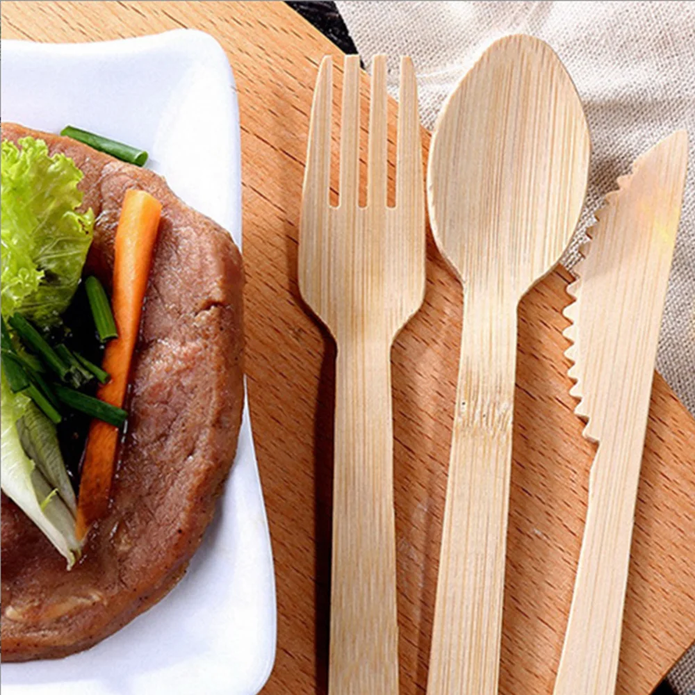 Disposable Bamboo Fork Spoon Knife Set Wrapped Bulk Kitchen Small Cutlery