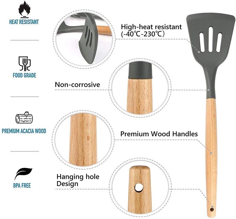 Home12 Pieces In 1 Set Silicone Kitchen Accessories Cooking Tools Kitchenware Silicone Kitchen Utensils With Wooden Handles