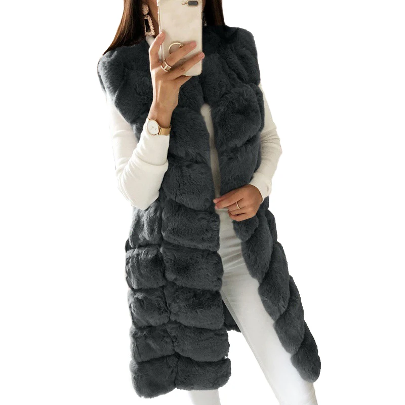 Осенний Длинный жилет, женская зимняя теплая одежда из искусственного меха, длинное меховое пальто без рукавов для девочек