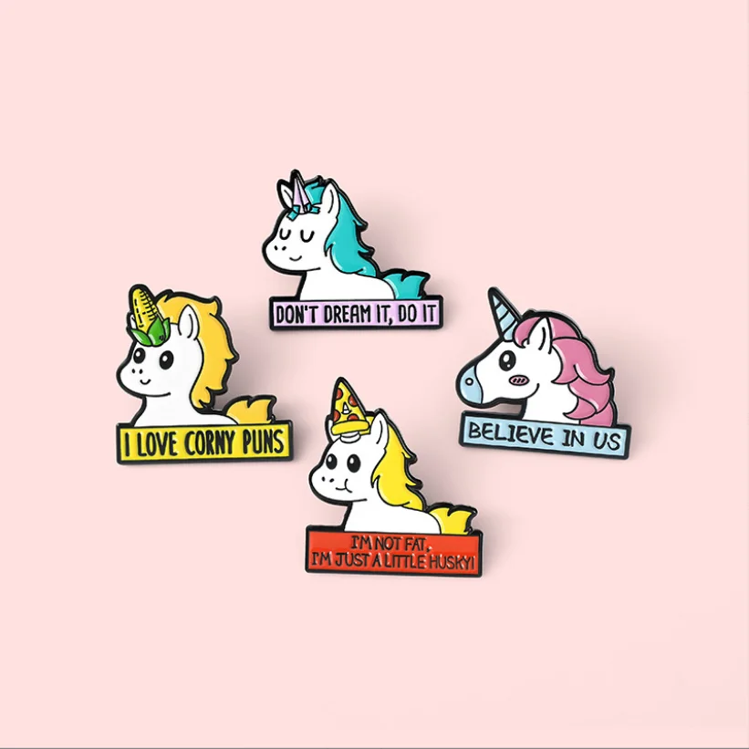 Hard Metal Badges Wholesale Custom Brand Name 3D Letters Words Logo Soft Enamel Cute Unicorn Letters Lapel Pins for Gifts