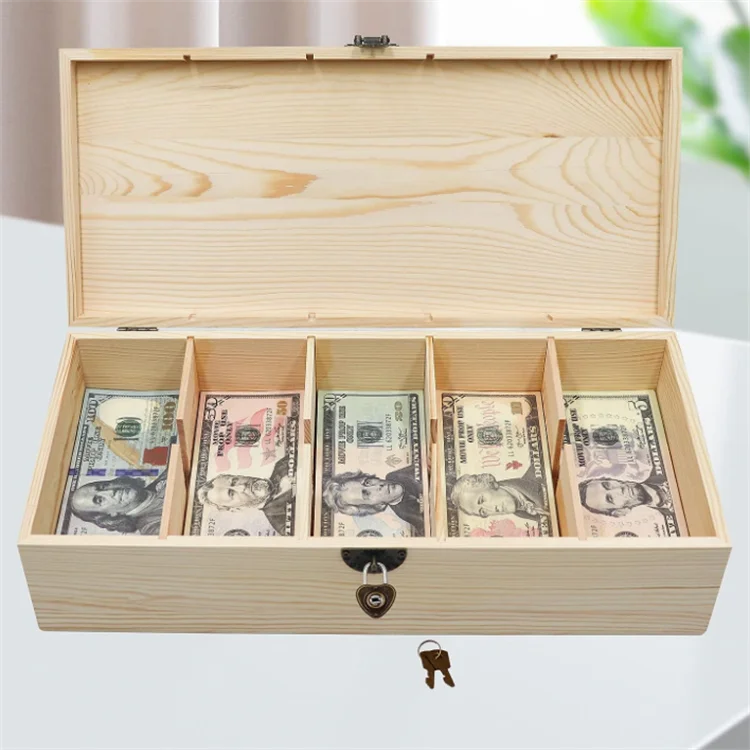 Custom Lock Box 5 Compartment Cash Organizer Piggy Bank Wooden Money Save Box