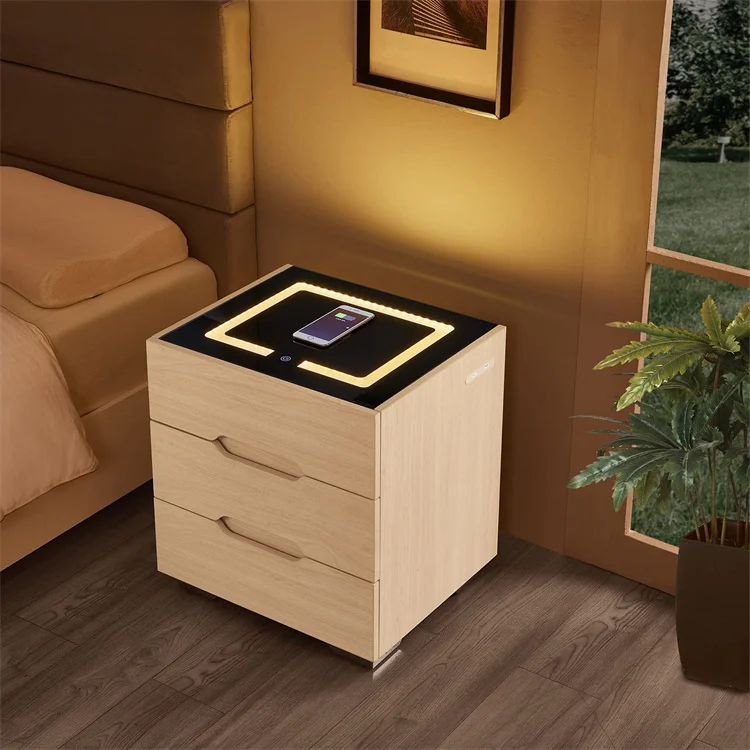 Home Furniture Bedroom Bed LED Light Smart Side Table Bedside Minimalist Wireless Charging Nightstands