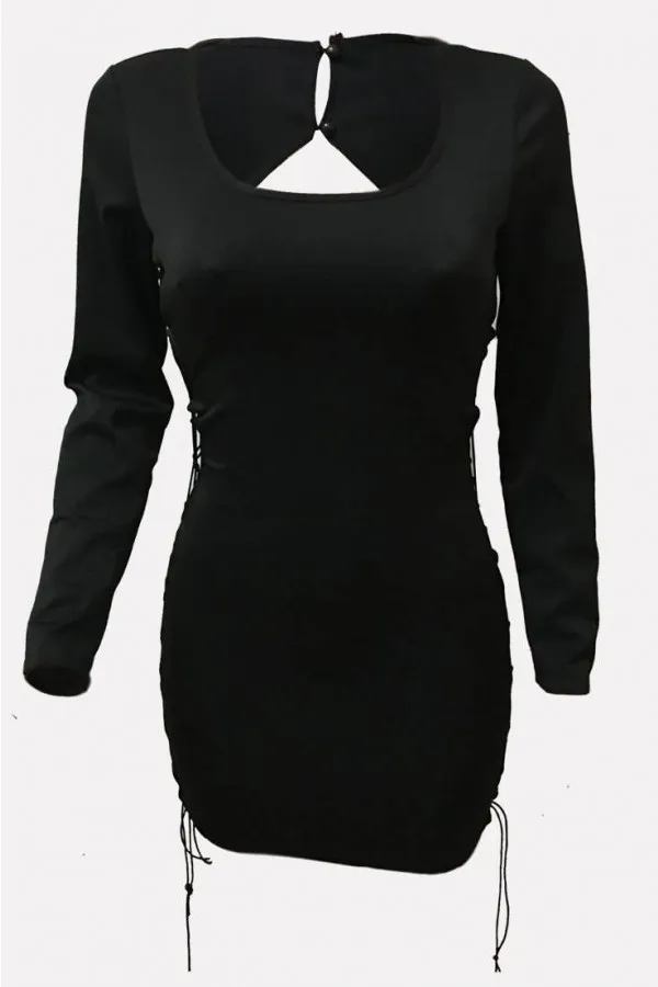 2022 Black Solid Color Deep U Neck Long Sleeve Caged Open Back Sexy Bodycon Dress For Sexy Ladies