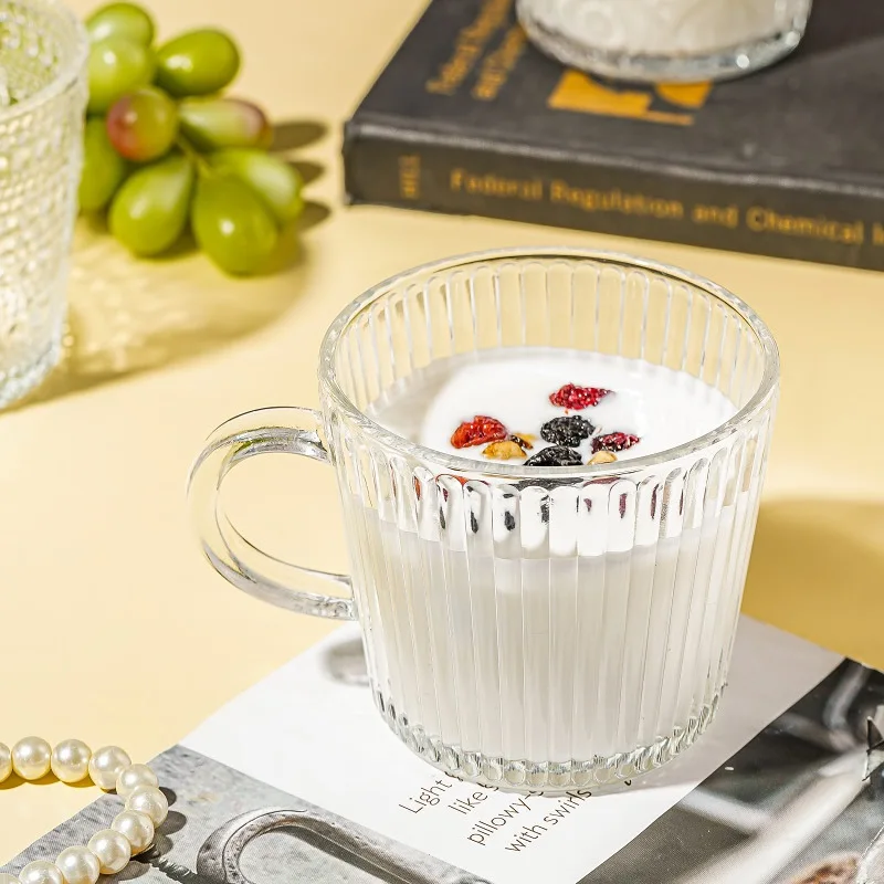 Haitang Flower Glass Ins Style Retro Coffee Cup Bead Stripe Breakfast Oatmeal Milk Cup