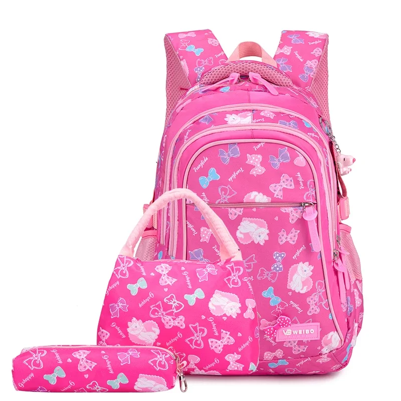 Custom 3Pcs  Set Pink Bow Print Girl cheap school bag Large Capacity Nylon Waterproof student backpack for Girl Set