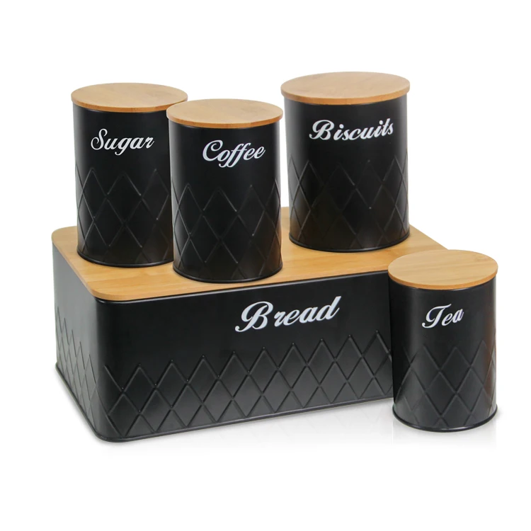 5 PCS Bamboo Lid Bread Bin Set Biscuit Coffee Tea Sugar Canister Sets Container Food Storage Box Bread Bin For Kitchen