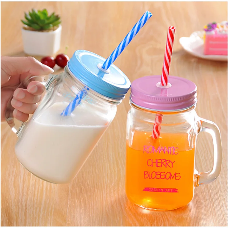 16oz красочные пустой стакан стеклянная банка с завинчивающейся крышкой кружка ручкой и соломы