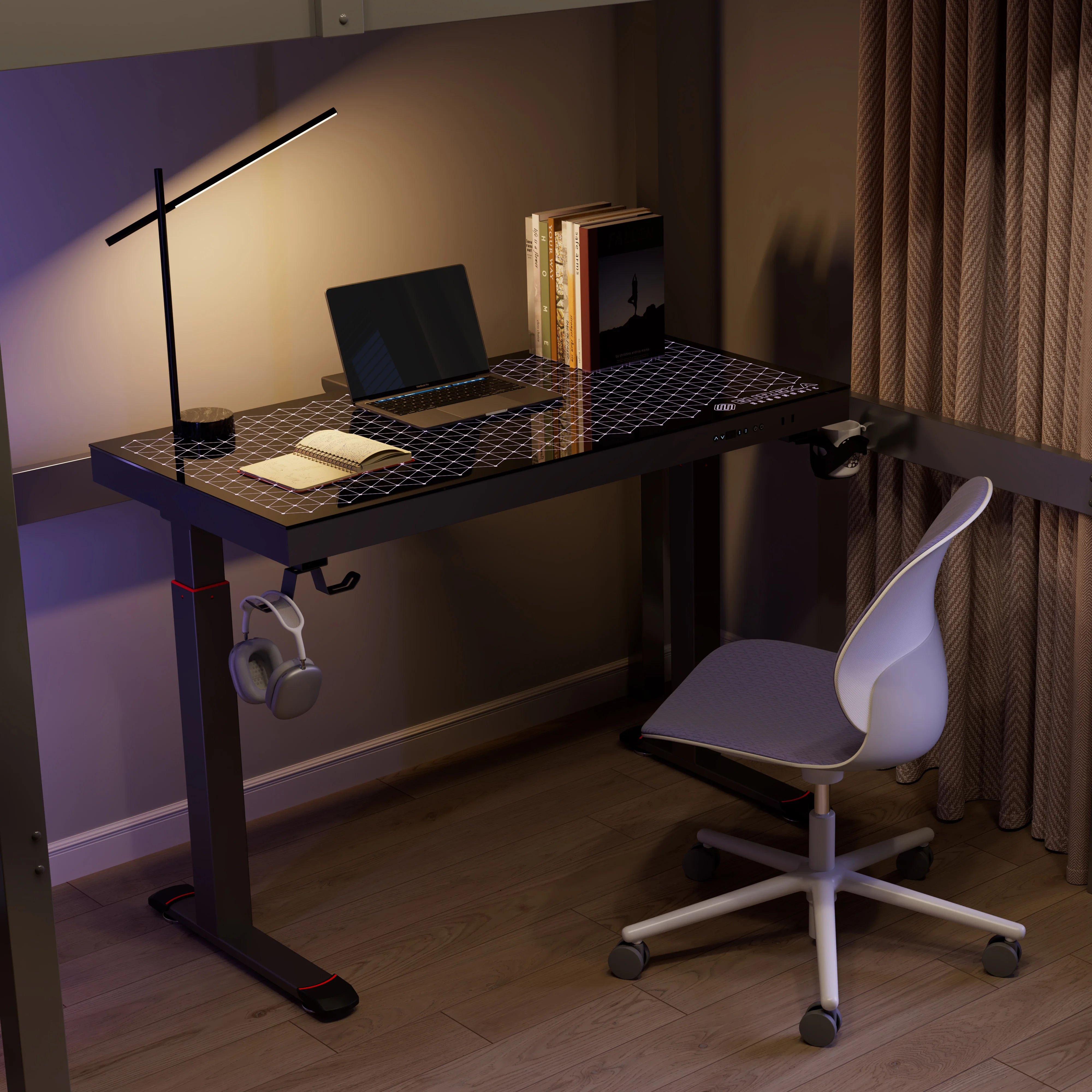 Music Sync RGB LED Lights Up Glass Gaming Standing Desk, Electric Height Adjustable Sit Stand Home Office Computer Studio Table