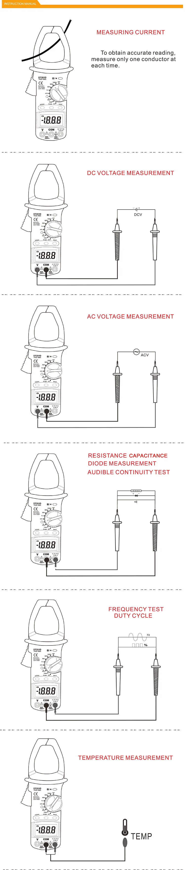 True RMS Clamp meter Auto range DT201D duty cycle frequency temperature capacitance test