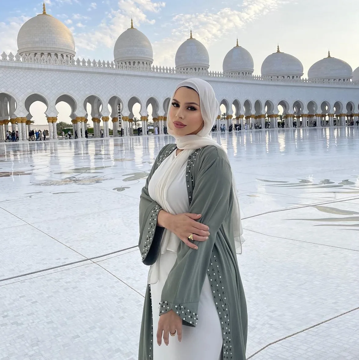Новый дизайн Dubai стиль вышивка кардиган женский длинный абайя с бисером исламское полиэфирное кимоно Спереди открытая