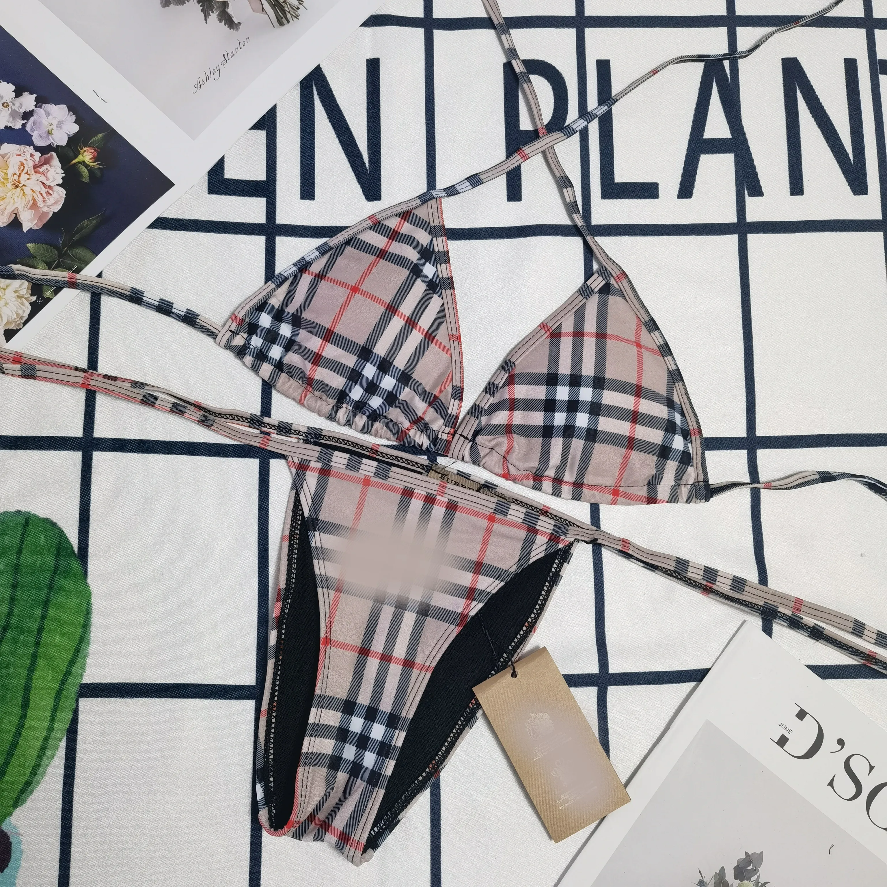 Famous brand plaid printed bikini feminine strap triangle split vacation swimsuit