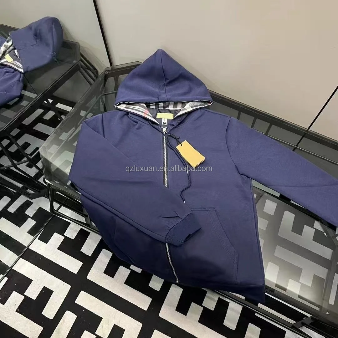 Custom logo Casual zipper hooded jacket for men 100% cotton striped retro bur berry plus size men lightweight coat