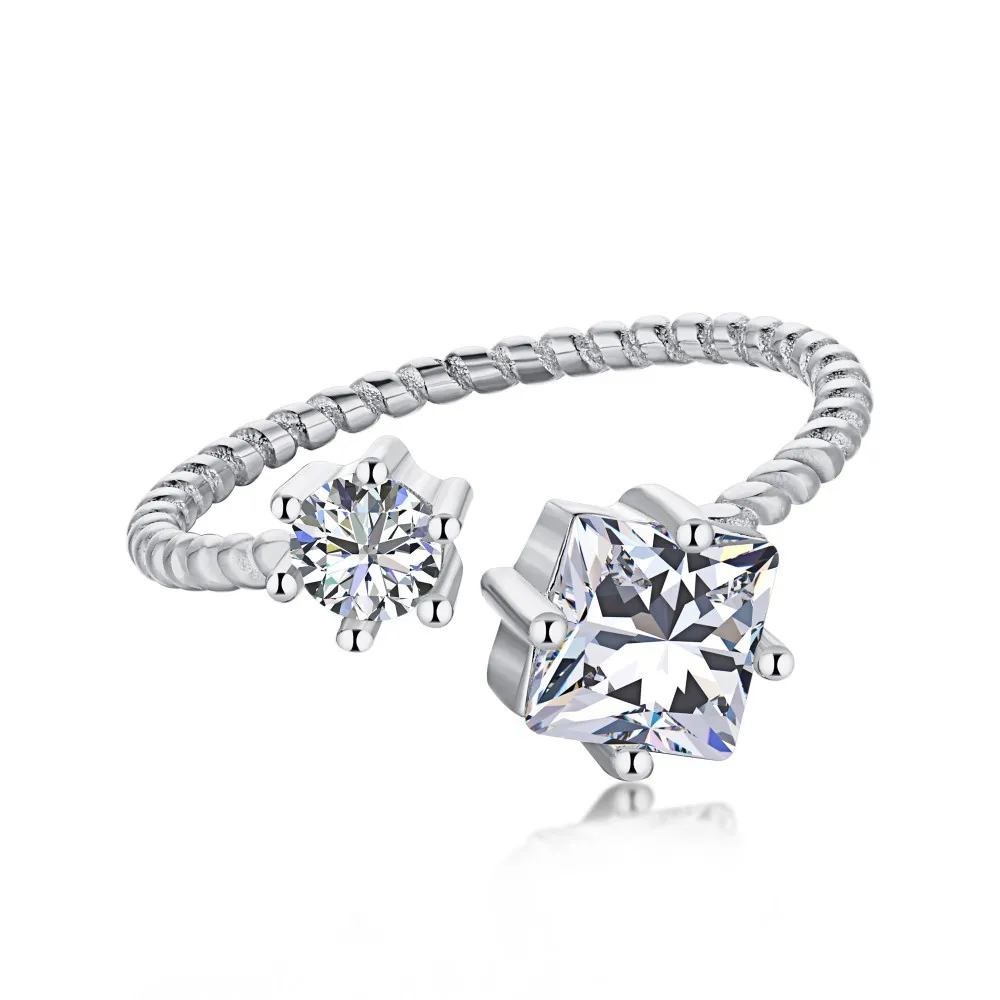 Wholesale Ring Jewelry 925 Silver Gold Plated Zircon Princess Cut Adjustable Open Ring For Women
