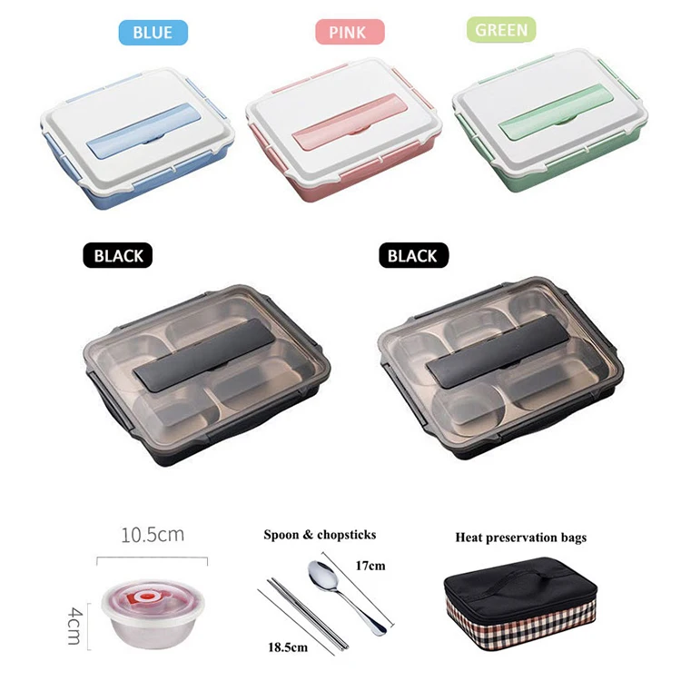 Eco Heated Food Plastic Containers Children Custom with Bag  4 Compartment Steel Lunch Box