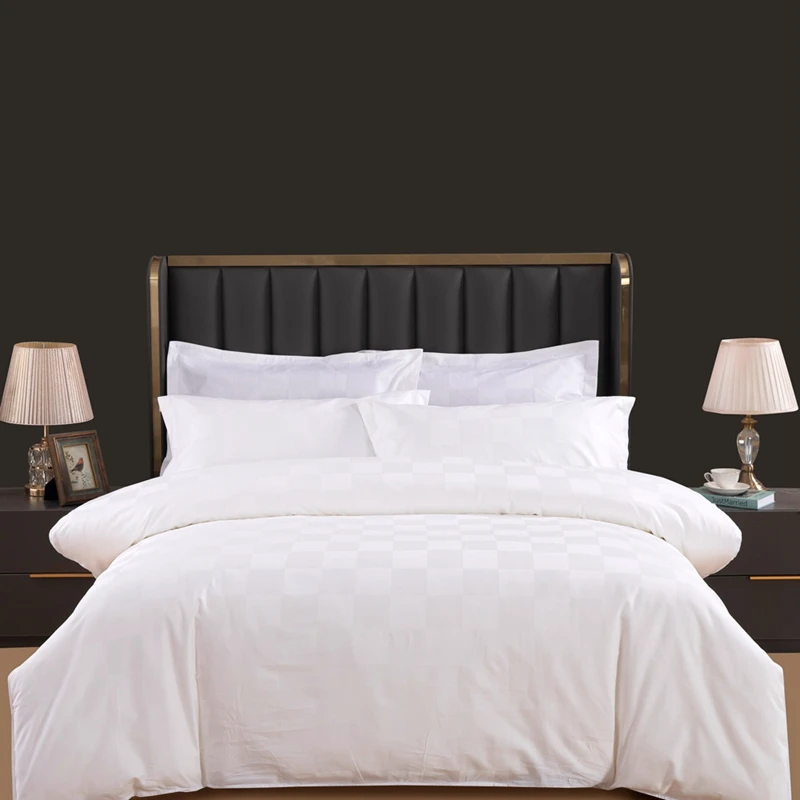 2023 new wholesale professional hotel linen hotel bed sheet set 40S white plain stripe checkerboard white customized sheets