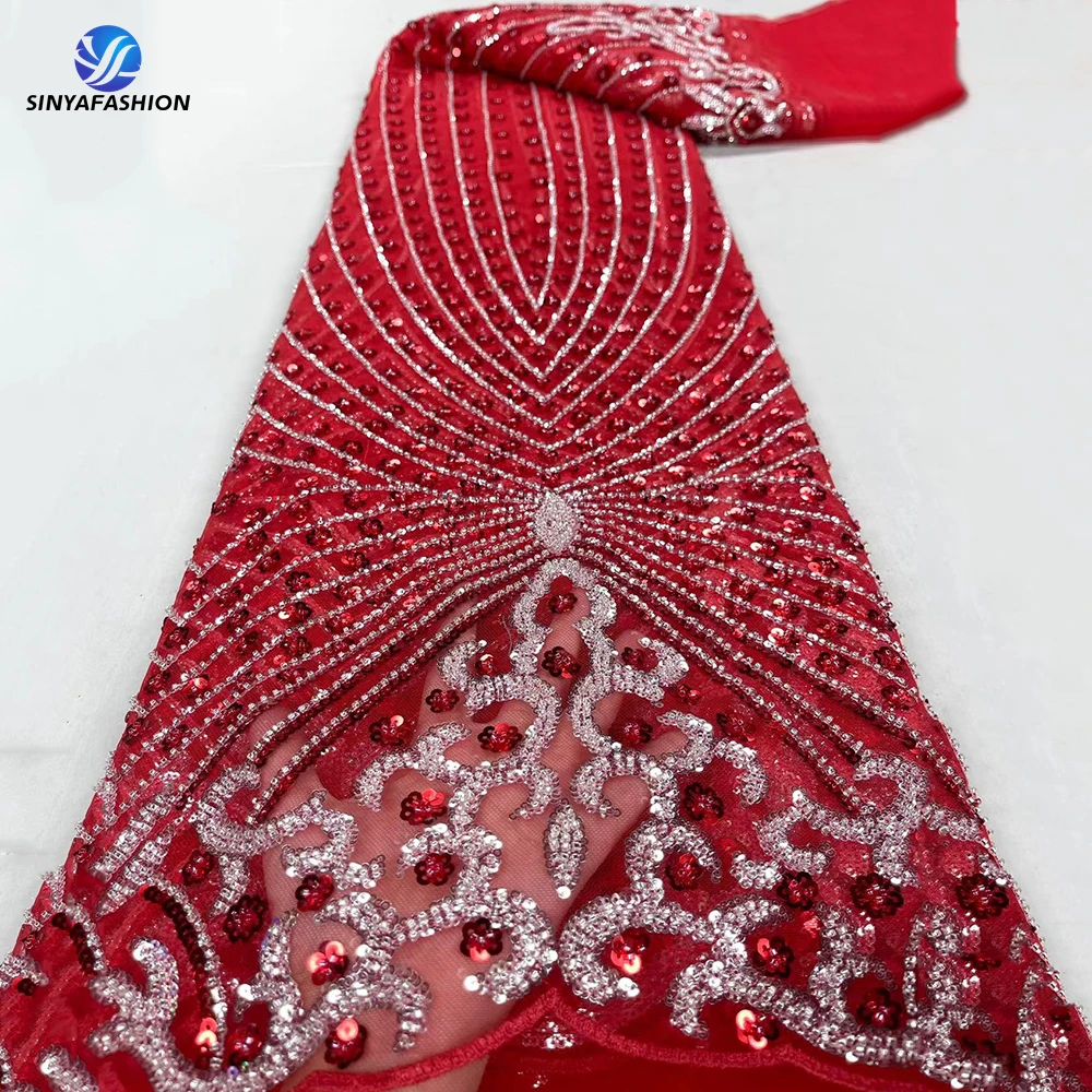 New Arrival Heavy Beaded Lace Fabric Tulle Bridal Luxury Fully Beaded Sequins Fabric For Women Luxury Party Dress