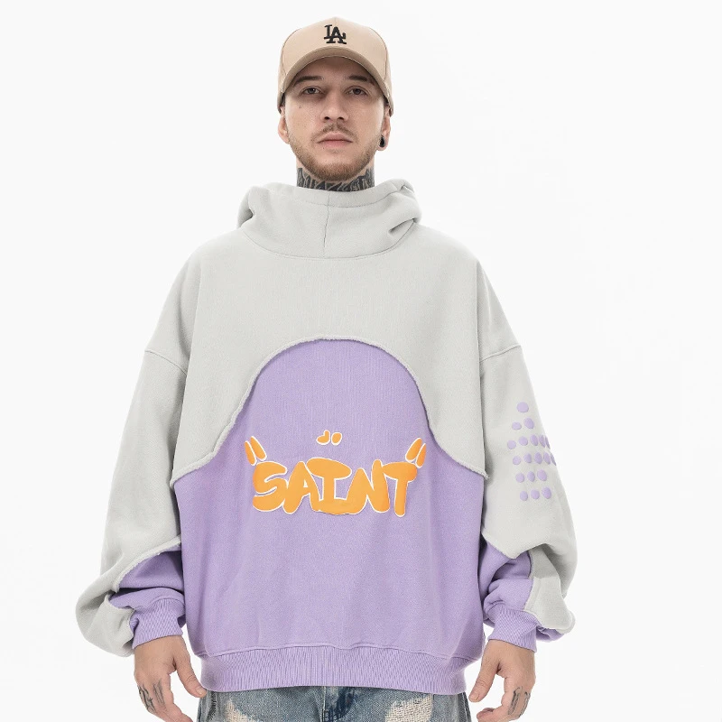 OEM Men Patchwork Hoodie Custom Puff Printing Logo 100 Cotton  Contrast Color Style Casual Quantity New Autumn Clothes