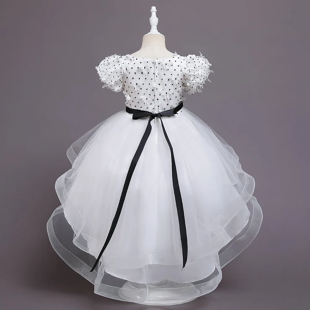 Fashion Children Party Dress for Birthday Party Elegant White Girl Wedding Dress  Long Tail Dresses for Girls of 10 Year Old