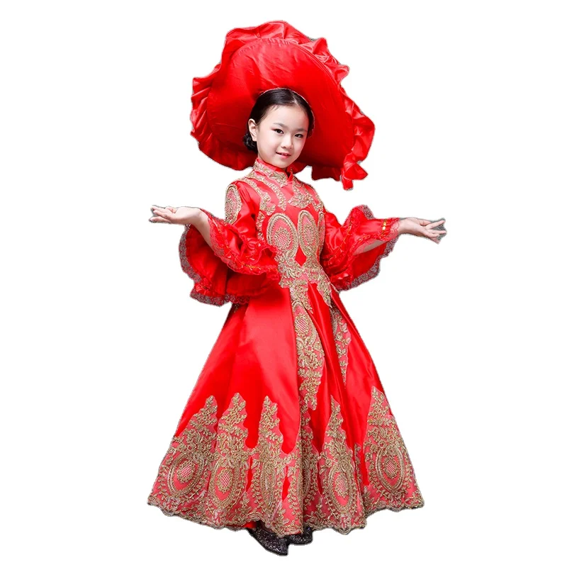 Kid Girls Retro Dress Medieval Princess Dress Cosplay Costumes Girl Square Neck Puff Sleeve Party Dress Ball Gown