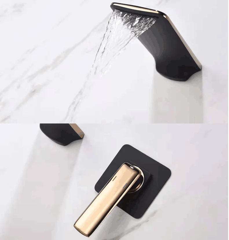 Bathroom Black Gold Mixer Taps Wall Mounted Waterfall Basin Faucet Watermark Wels Factory Price
