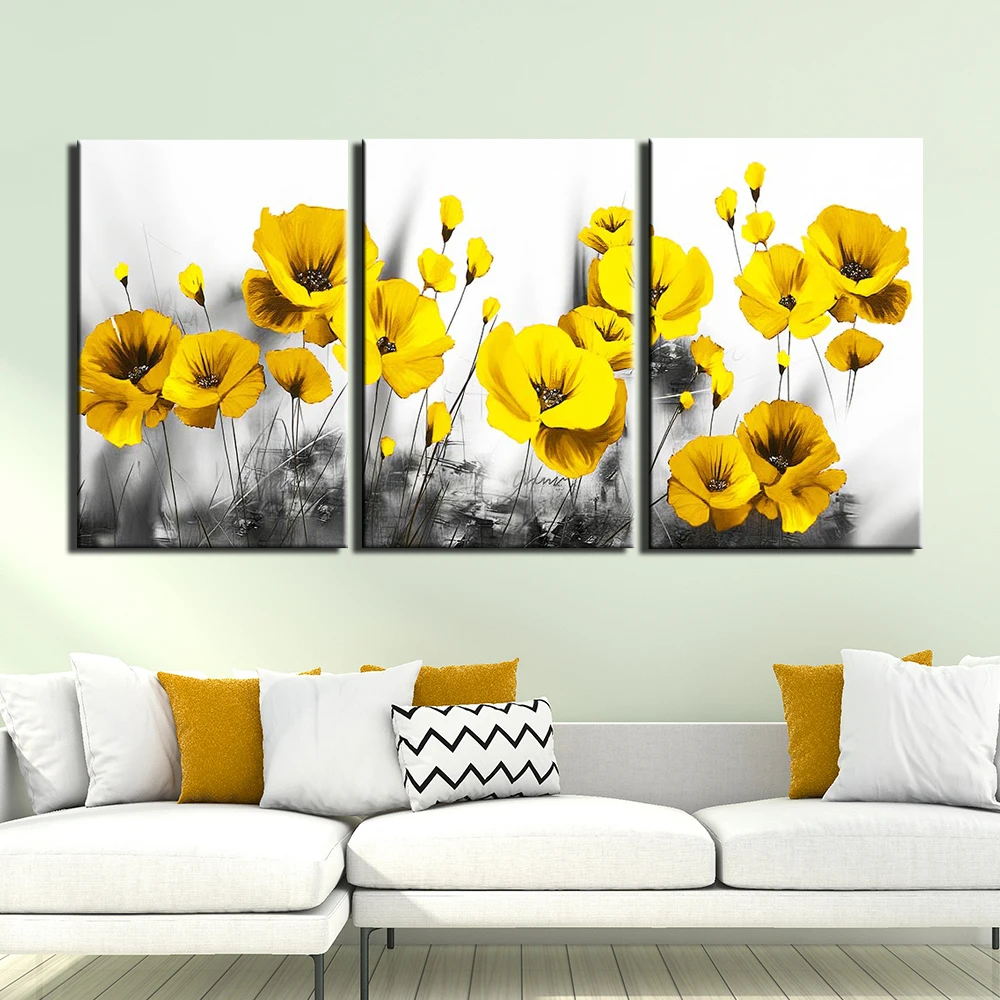 3 Panels yellow poppy flower picture canvas Painting Posters Print Wall Art For Living Room decor
