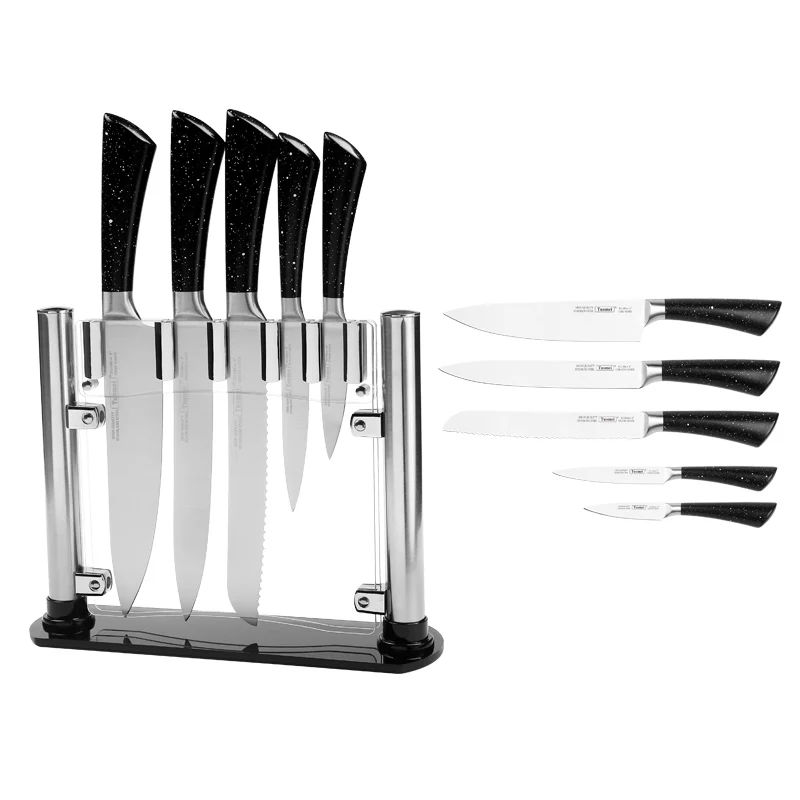 TUOMEI High Quality Stainless Steel 6PCS Kitchen Knife Set Hollow Handle With Acrylic Knife Block in Color Box