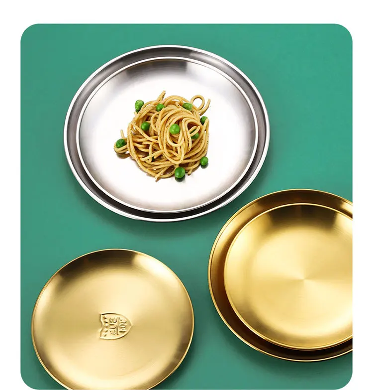 New round 304 stainless steel plate barbecue fruit cake plate retro tray tableware