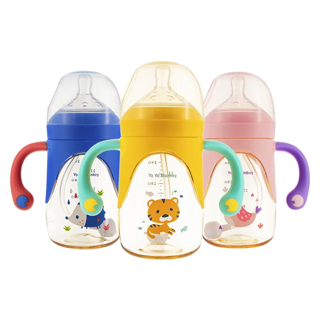 Factory wholesale Bpa free wide mouth PPSU baby milk feeding bottle with dual color handle 240ML/330ML