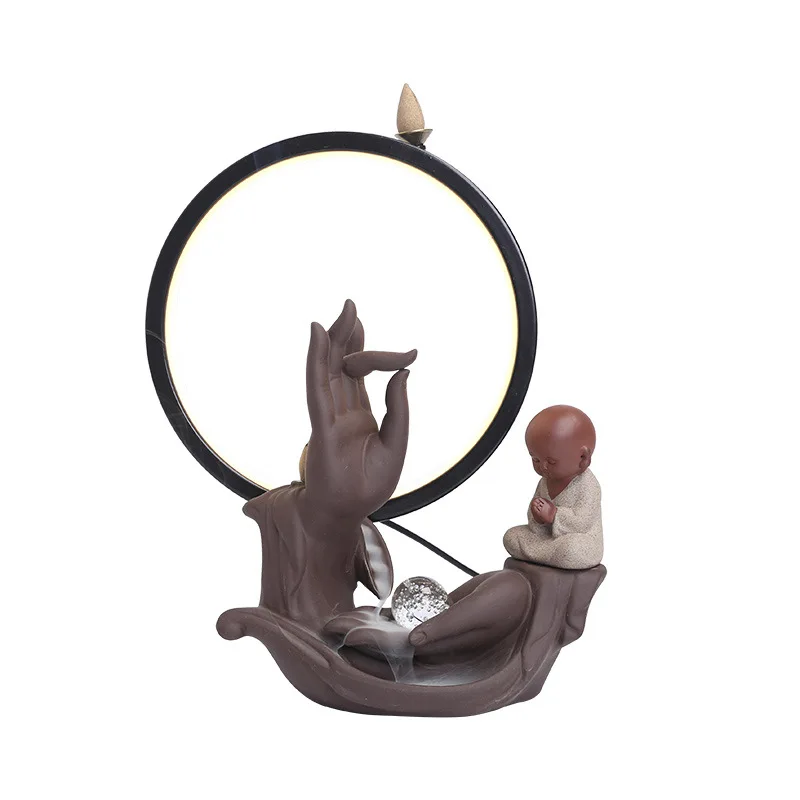 Ywbeyond Ceramic Buddha Bergamot Backflow Incense Burner with LED Lamp Circle Sandalwood Holder Home Indoor Aroma Ornaments