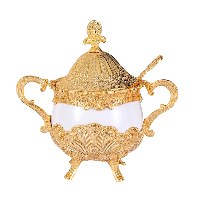 European metal ceramic creative high-end home storage box Golden kitchen sugar glass jar